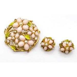 Vintage ART Dogwood Flowers Parure, Gold Tone with Enameled Leaves Brooch